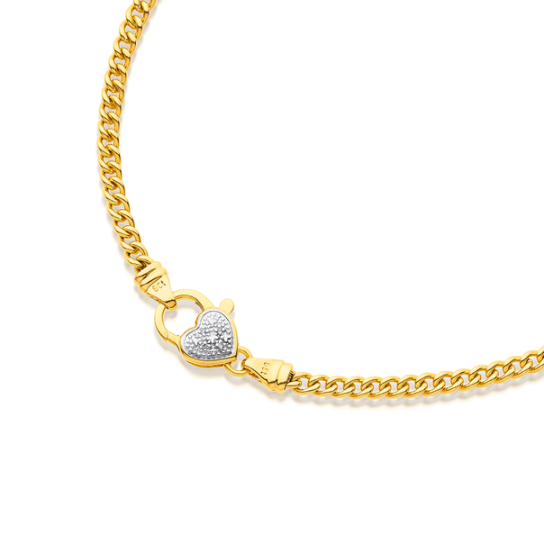 9ct 19cm Curb Bracelet with Diamond Set Heart Clasp