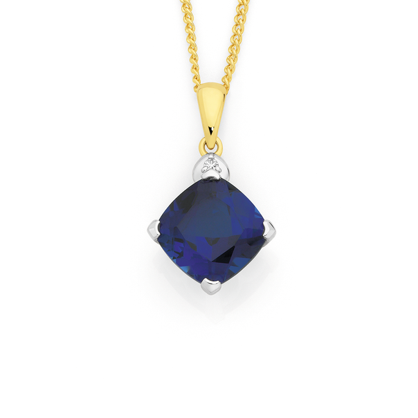 9ct Created Ceylon Sapphire & Diamond Pendant
