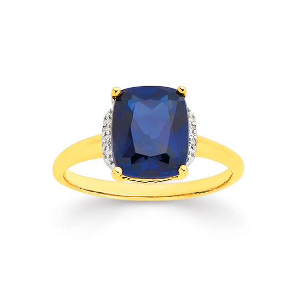 9ct Gold Created Ceylon Sapphire & Diamond Cocktail Ring