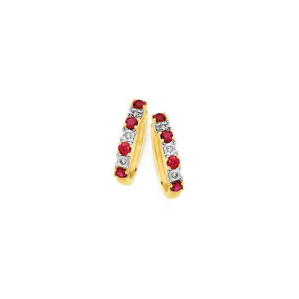9ct Gold Created Ruby & Diamond Huggie Earrings