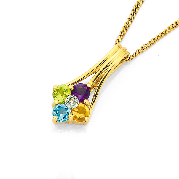 9ct Gold Multi Colour Stone & Diamond Pendant