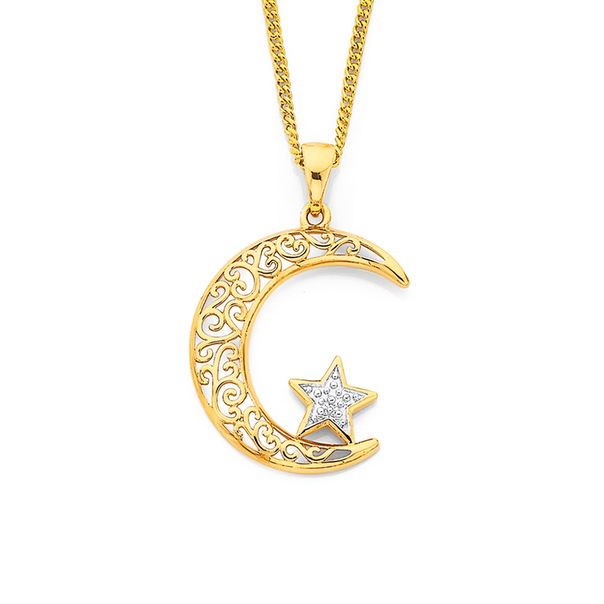 9ct Gold Two Tone Star & Crescent Moon Pendant