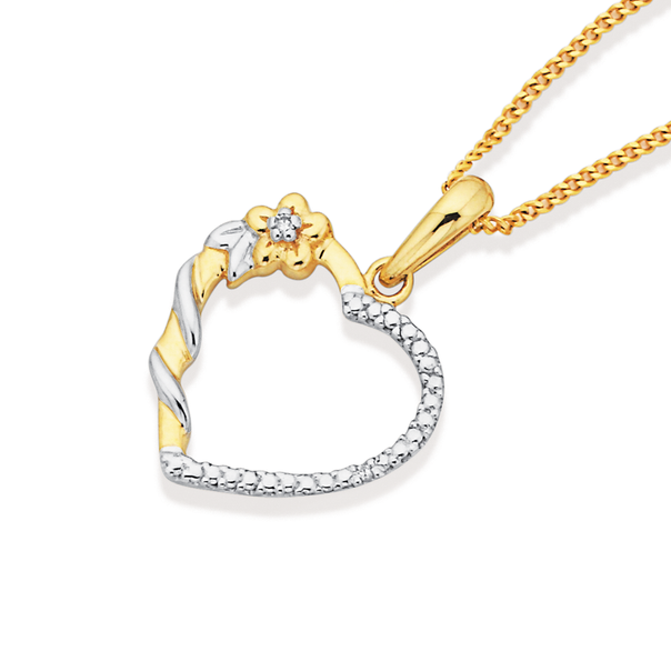 9ct Heart & Flower Pendant with Diamond