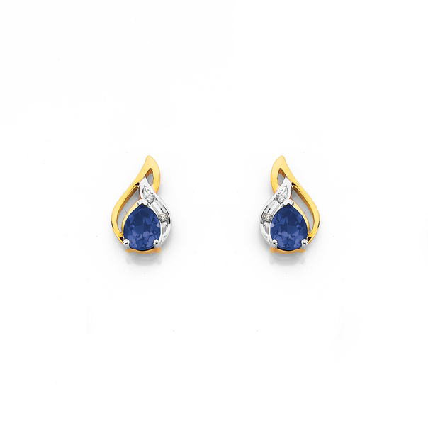 9ct Two Tone Pear Created Sapphire & Diamond Earrings