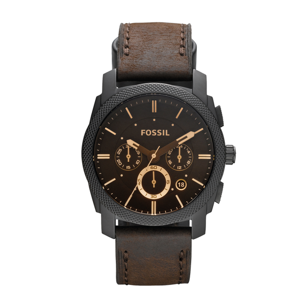 Fossil Gents Machine Black IP Case Brown Leather Strap