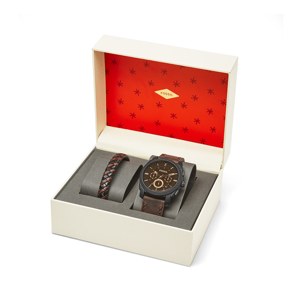 Fossil Machine Chronograph Watch & Leather Bracelet Box Set