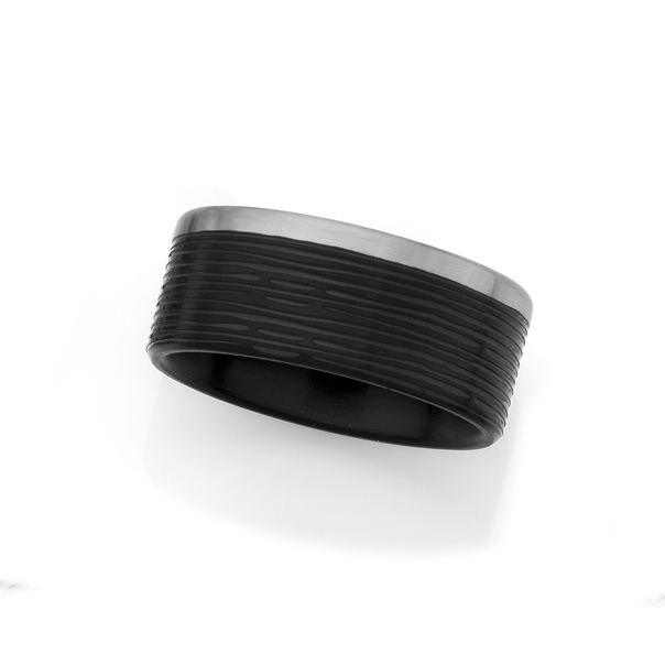 Stainless Steel Black Textured Band Ring, Size W