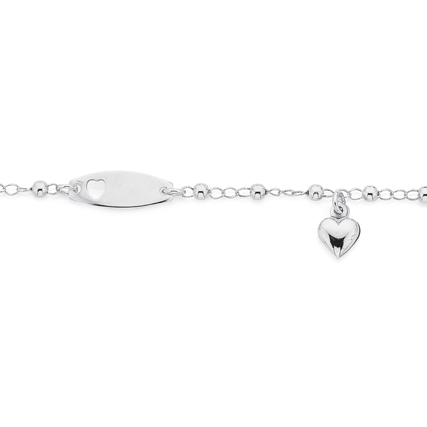 Sterling Silver 16cm Curb & Ball ID Bracelet with Heart Charm