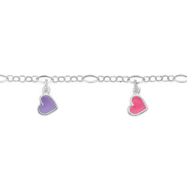 Sterling Silver 16cm Pink & Purple Heart Charm Bracelet