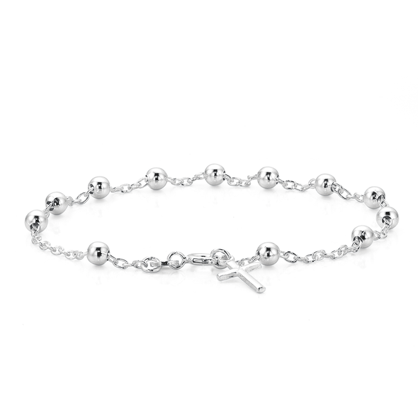 Sterling Silver 19cm Interval Ball Bracelet with Cross