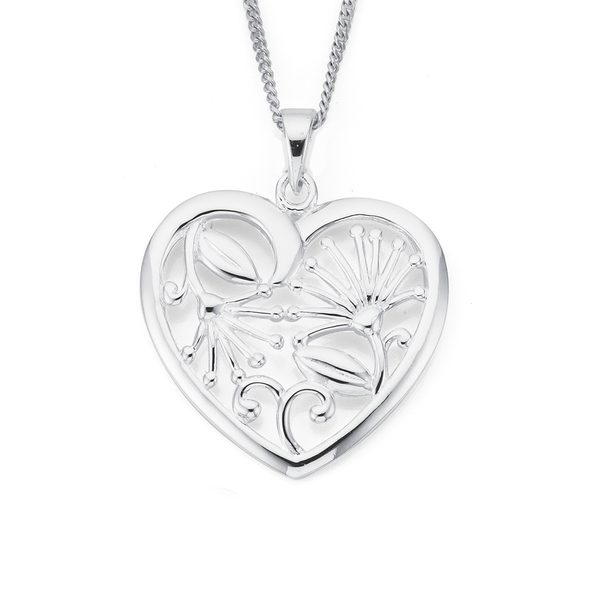 Sterling Silver 24mm Pohutukawa in Heart Pendant