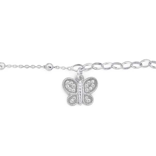 Sterling Silver 25cm Ball & Butterfly Anklet