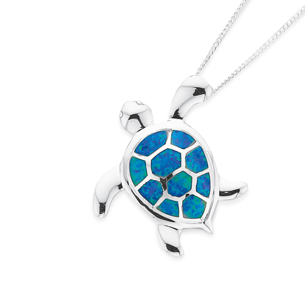 Sterling Silver Blue Simulated Opal Turtle Pendant