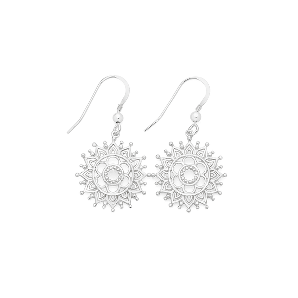 Sterling Silver Boho Flower Mandala Hook Earrings