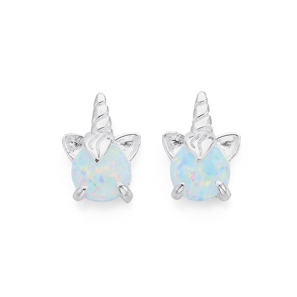 Sterling Silver Created Opal Unicorn Studs