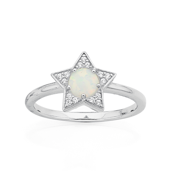 Sterling Silver Cubic Zirconia & Created Opal Star Ring