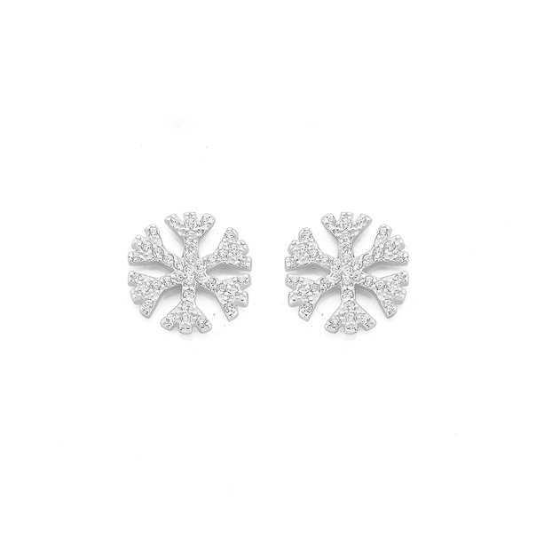 Sterling Silver Cubic Zirconia Simple Snowflake Stud Earrings