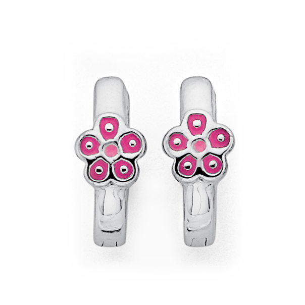 Sterling Silver Pink Enamel Flower Huggie earrings