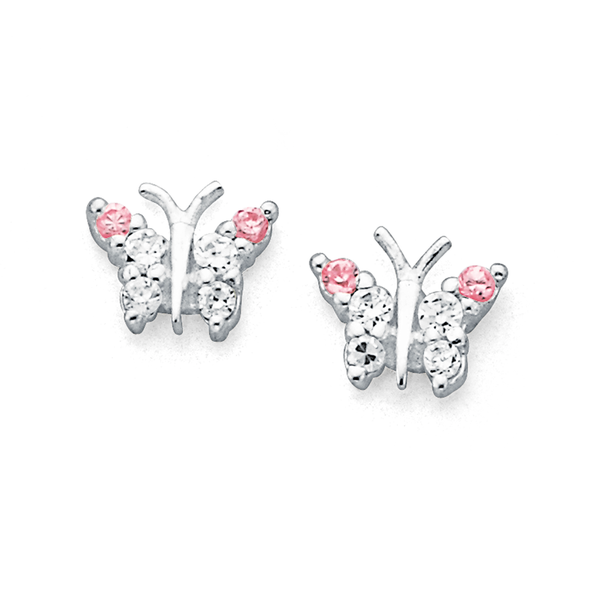 Sterling Silver Pink & White Cubic Zirconia Butterfly Studs