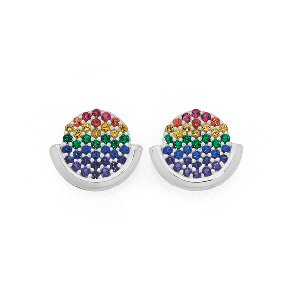 Sterling Silver Rainbow Cubic Zirconia Disc Studs