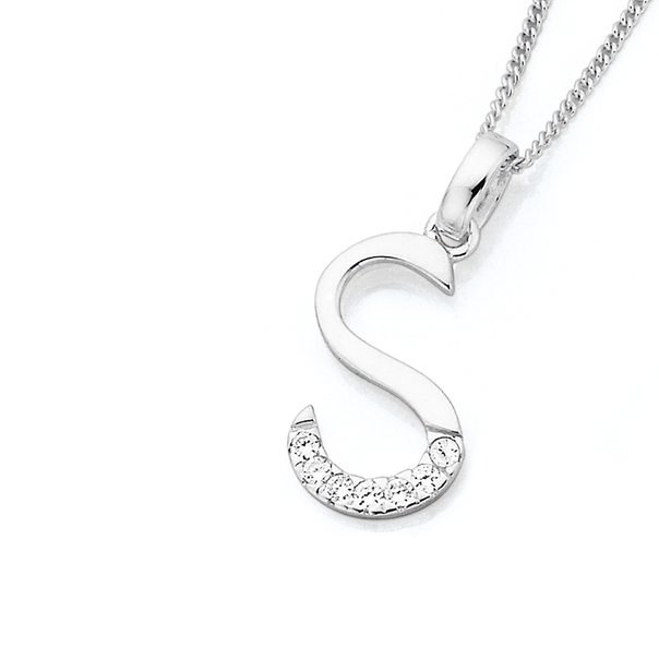 Sterling Silver 'S' Initial Cubic Zirconia Letter Pendant