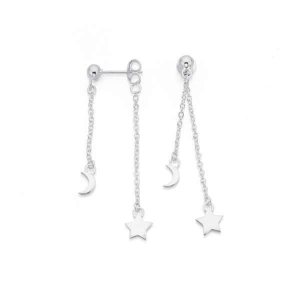 Sterling Silver Star and Moon Chain Drop Earrings