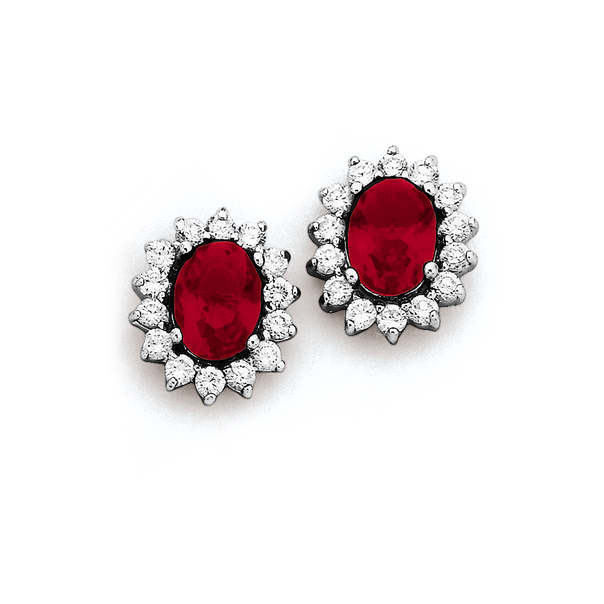 Sterling Silver Synthetic Ruby & Cubic Zirconia Cluster Studs